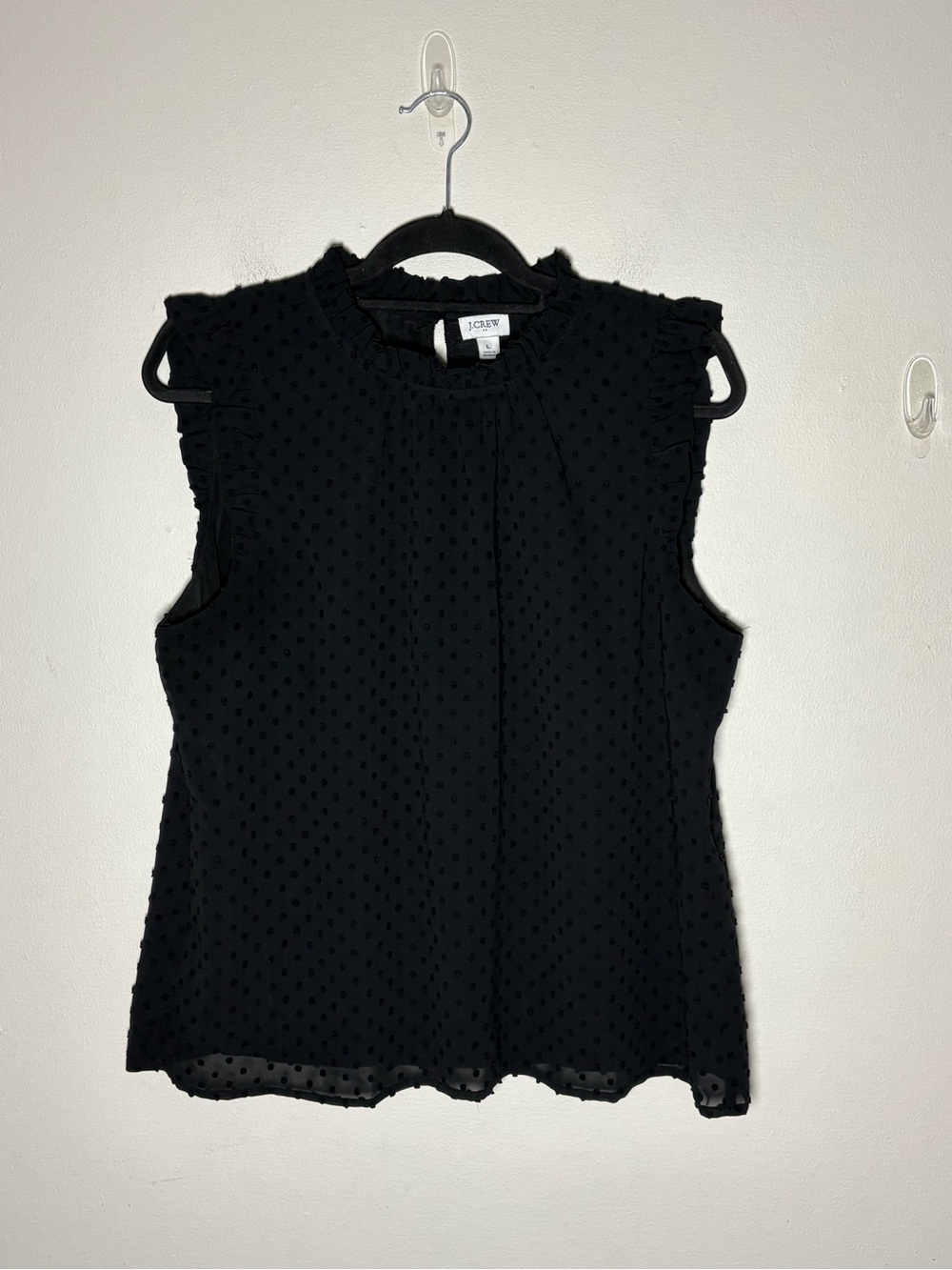 J. Crew Black Ruffled Swiss Dot Sleeveless Blouse Size L